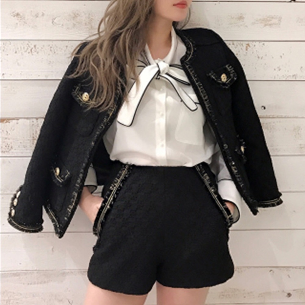 Tweed set jacket and shorts black Korean style